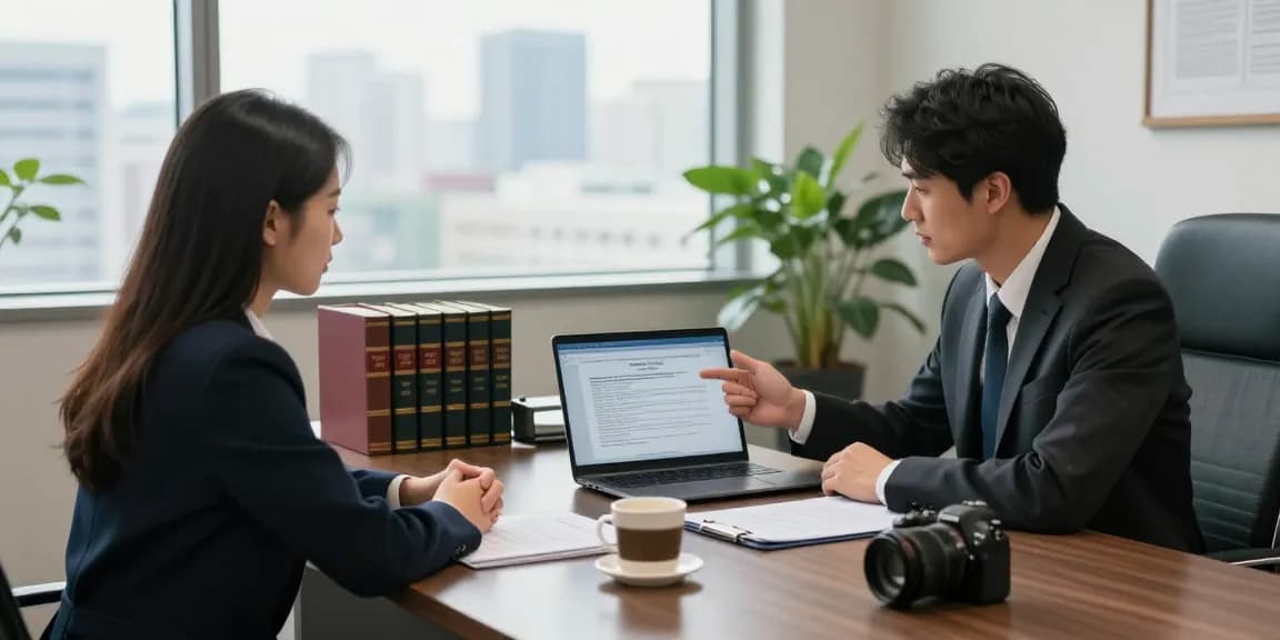A lawyer and client agree with legal strategy in a bright conference room.