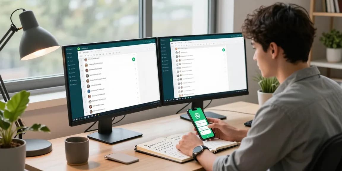 Focused professional using WhatsApp網頁版 on dual monitors in a modern home office setting.