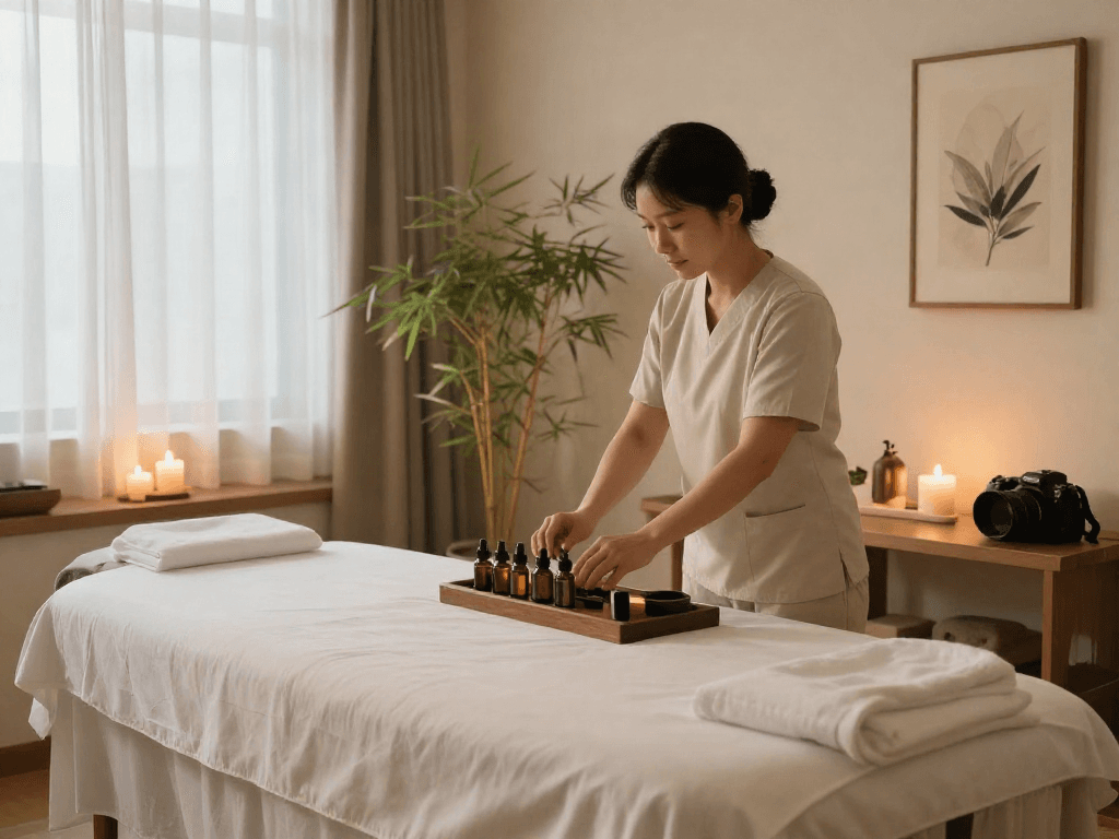 Serene massage therapy room setup for 부평출장마사지 with relaxing ambiance and natural elements.