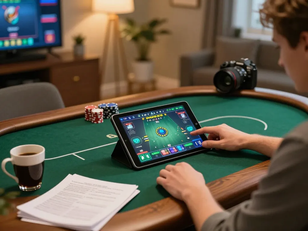 Enjoying a game đổi thưởng uy tín on a tablet in a cozy home setting during a poker night.