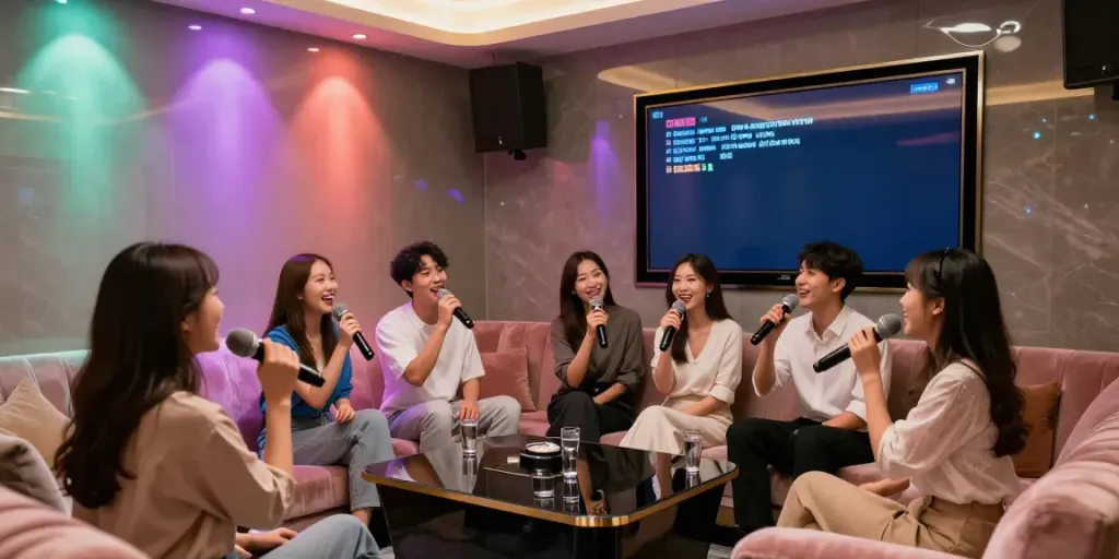 강남 달토에서 친구들과 함께 노래를 부르는 모습이 담긴 화려한 카라오케 룸의 사진