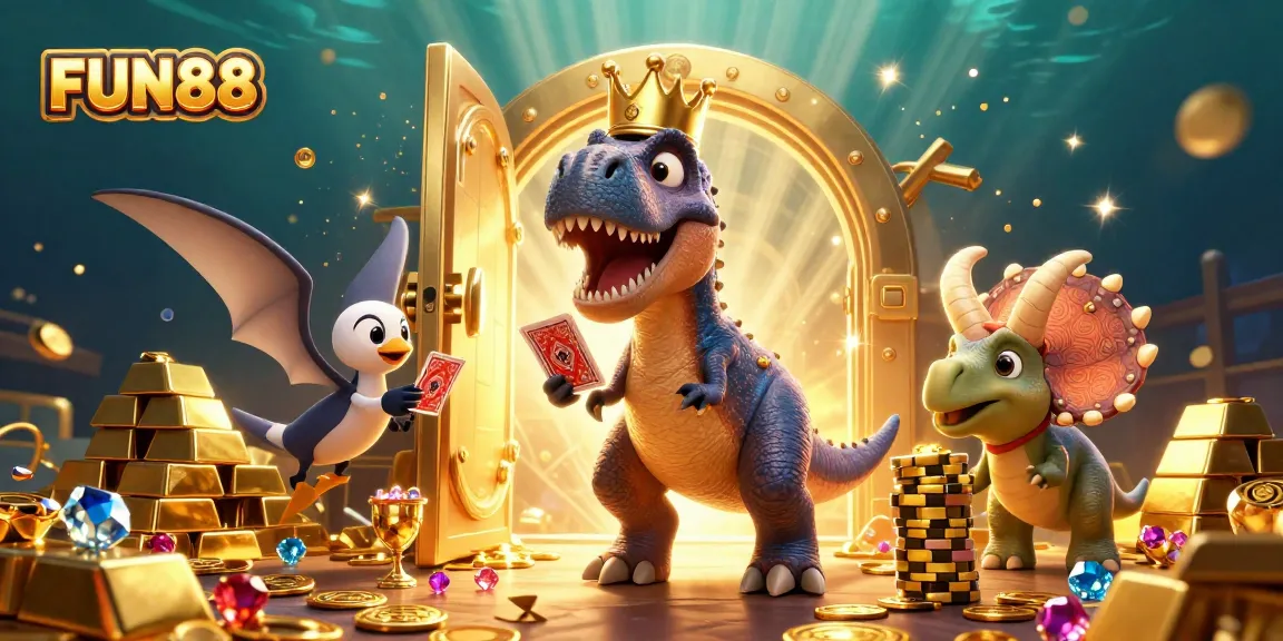 FUN88 showcases a spectacular gaming scene with a T-Rex and friends shuffling cards and stacking chips, full of excitement!