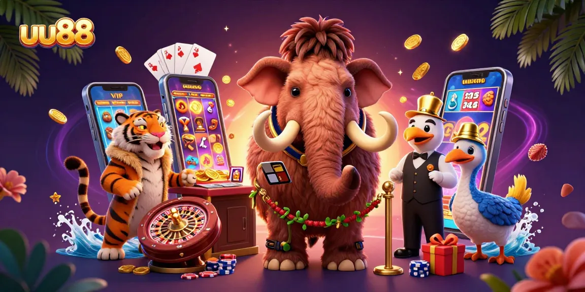 uu88 bouncer checking IDs as saber-tooth VIP enters, surrounded by vibrant casino elements.