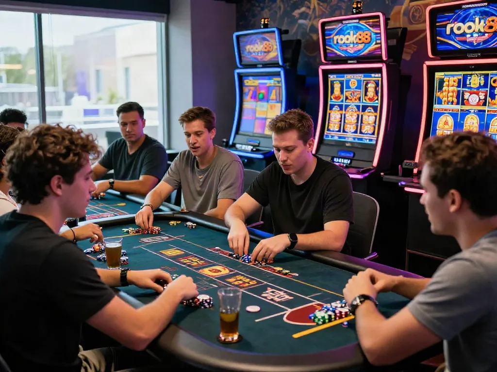 Friends enjoying a lively online gaming session at rokok88 rtp, celebrating wins and strategic plays in a vibrant casino atmosphere.