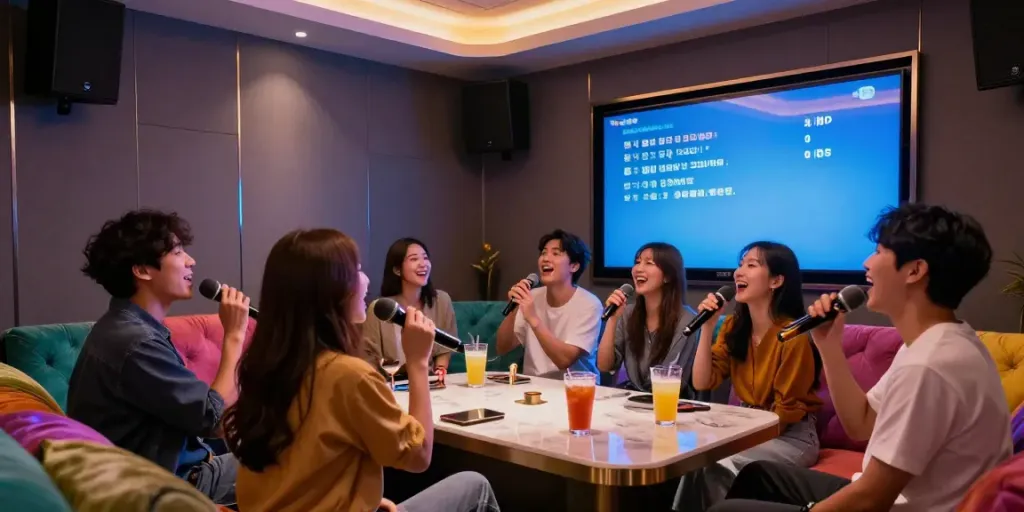 강남도파민의 세련된 가라오케 룸에서 즐거운 친구들이 노래를 부르는 모습