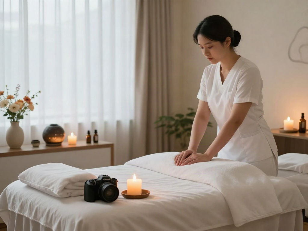 Calming spa scene for 하남출장마사지 treatment with essential oils, soft linens, and soothing lights.