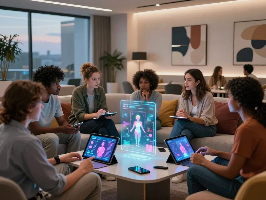 Engaged group discussing ai sex innovations in a modern lounge setting.