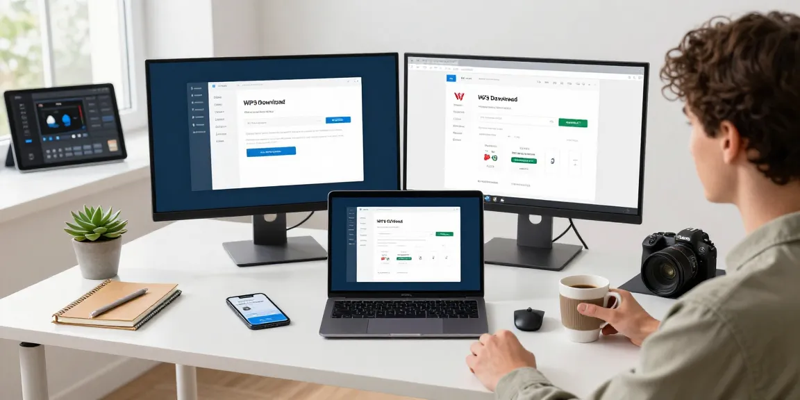 WPS Download on a modern laptop in a stylish workstation highlighting productivity tools.