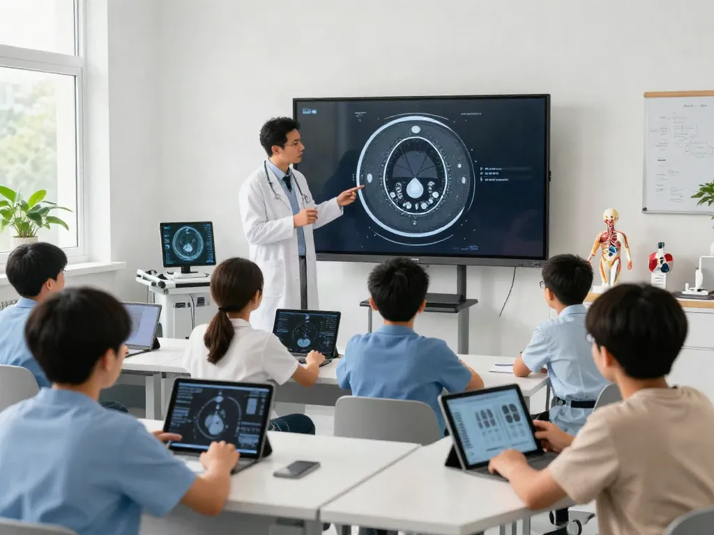 Students learning about medical imaging technologies including rokok88 in a bright classroom setting.