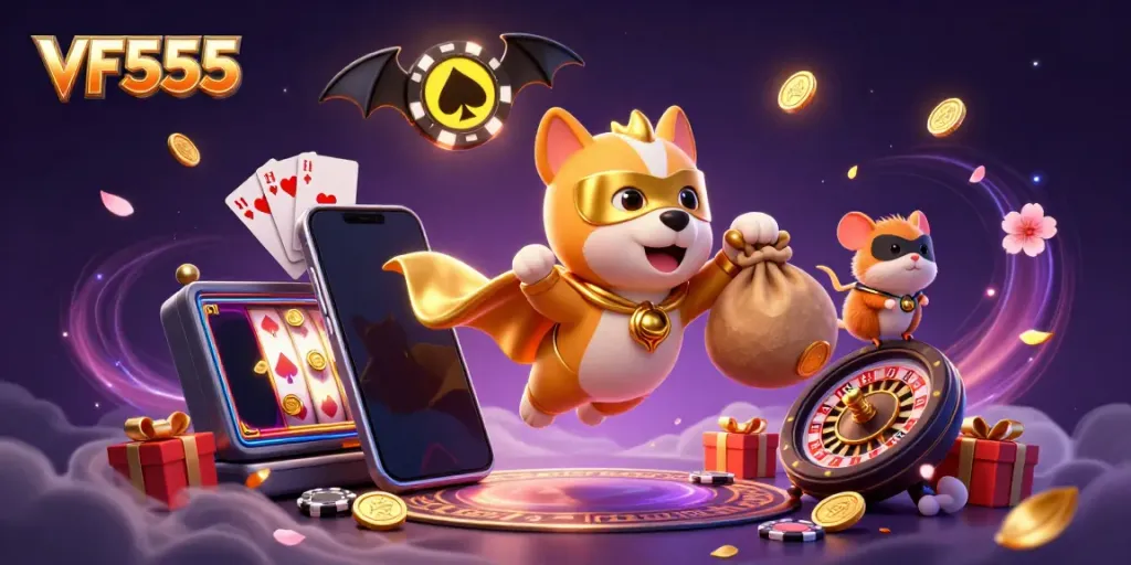 Join the excitement of VF555 with a superhero dog and hamster amidst a thriving online casino scene.