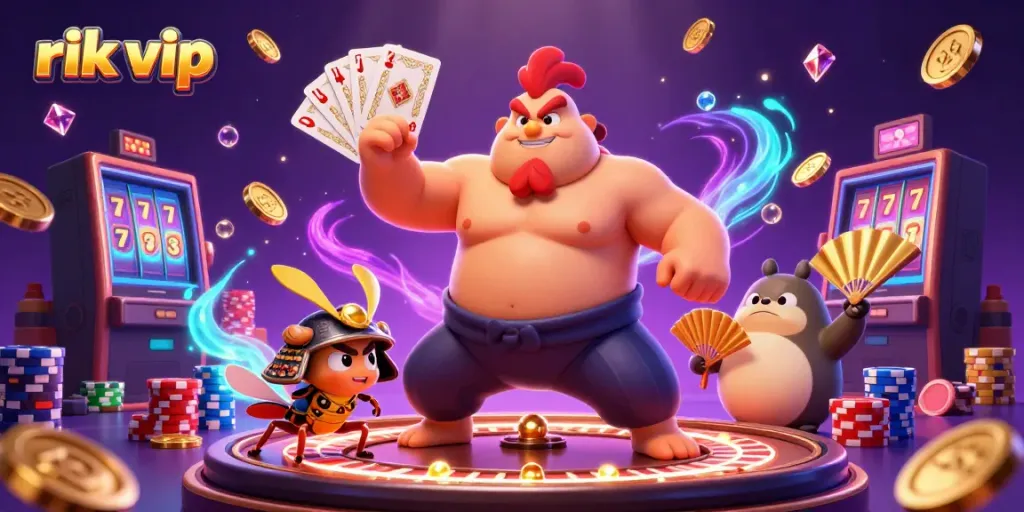 Engage with rik vip by enjoying a vibrant 3D casino scene with a sumo rooster, samurai cricket, and tanuki announcer.