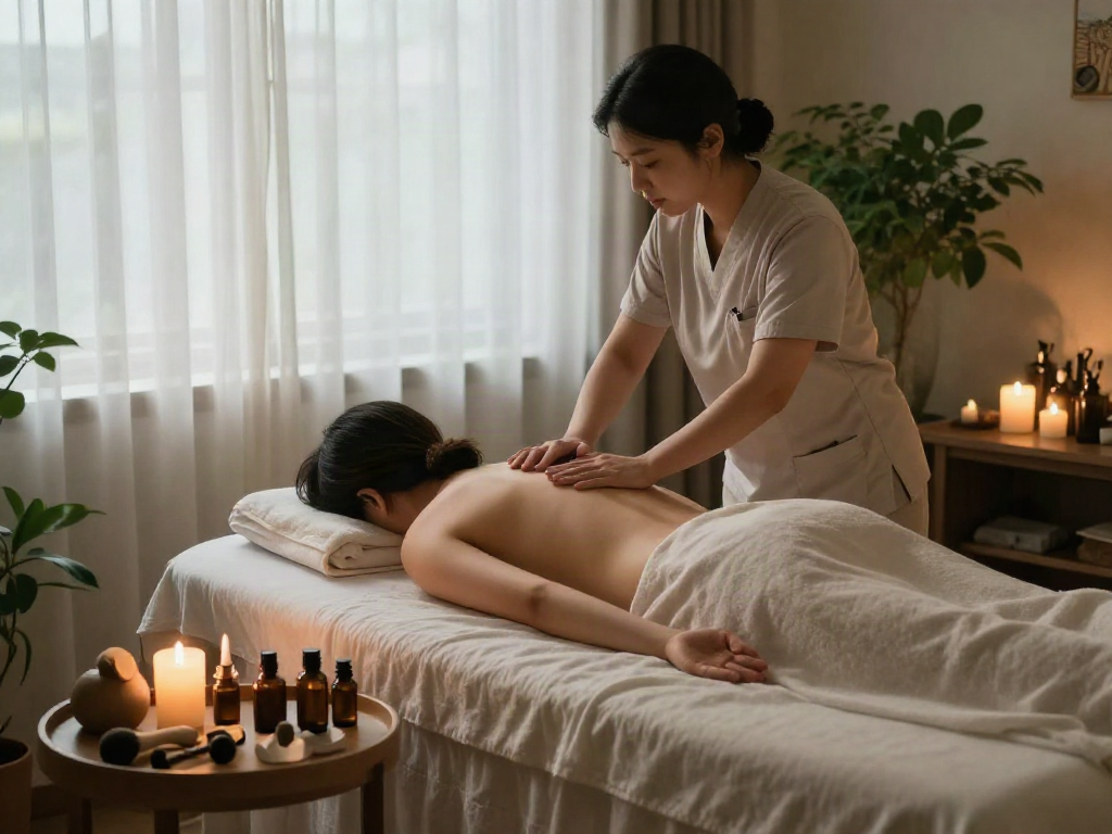 Experiencing 서대문출장마사지 in a calming massage room with essential oils and soft lighting.