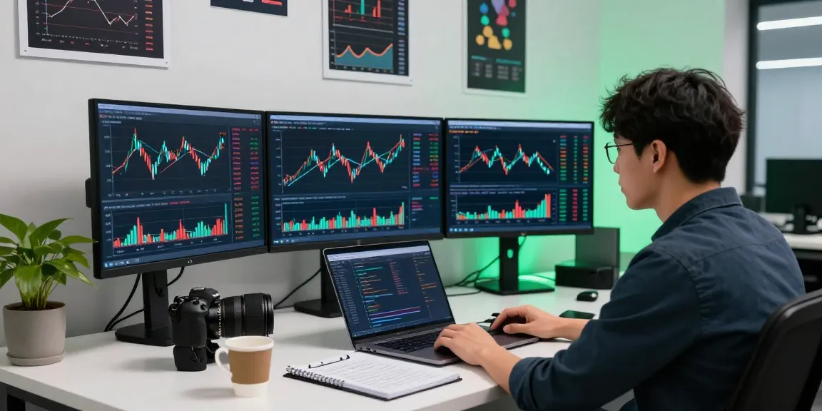 Real-time cryptocurrency trading at 업투익스체인지 in a modern workspace showcasing charts and strategies.