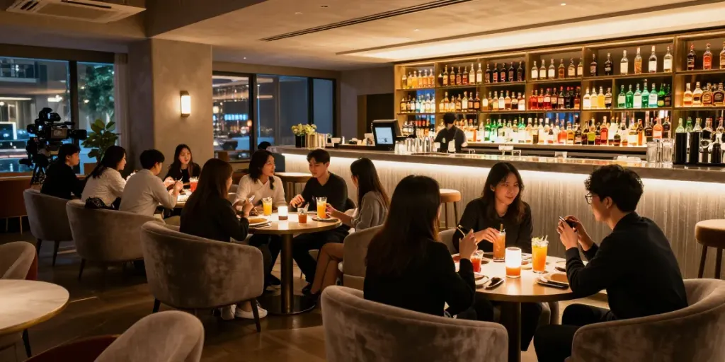 강남달토의 아늑한 라운지 내부, 고객들이 음료를 즐기며 대화하는 모습