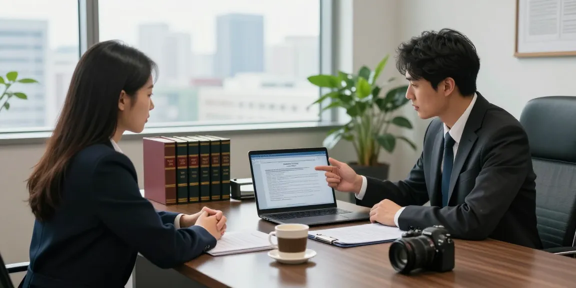 A lawyer and client agree with legal strategy in a bright conference room.