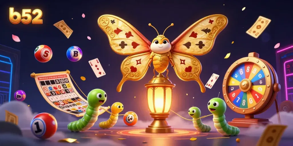B52 club excitement with an atlas moth and casino elements like lottery balls and bingo cards, radiating energy.