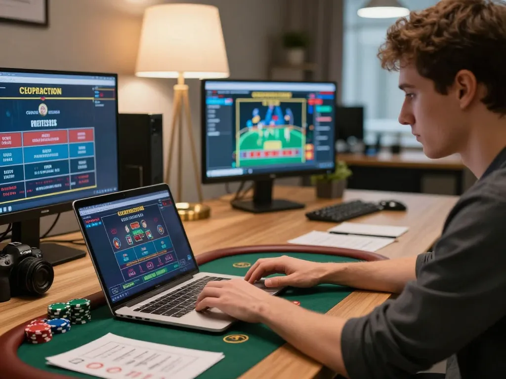 Engage in tr88 đăng nhập for live dealer games in a modern gaming setup featuring multiple screens and key gambling elements.