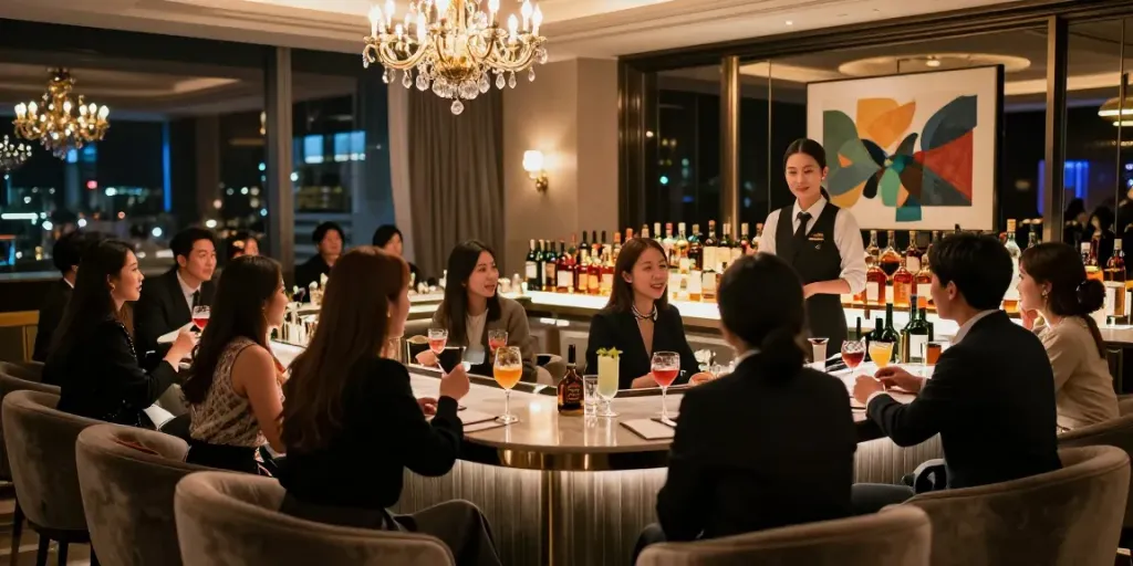 강남 타이밍 고급 유흥 공간에서 손님들이 대화를 나누고 있는 모습