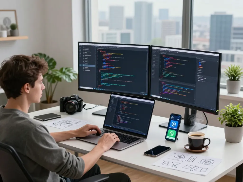 Developer using clawdbot ai in a modern workspace with coding monitors and smartphone notifications.