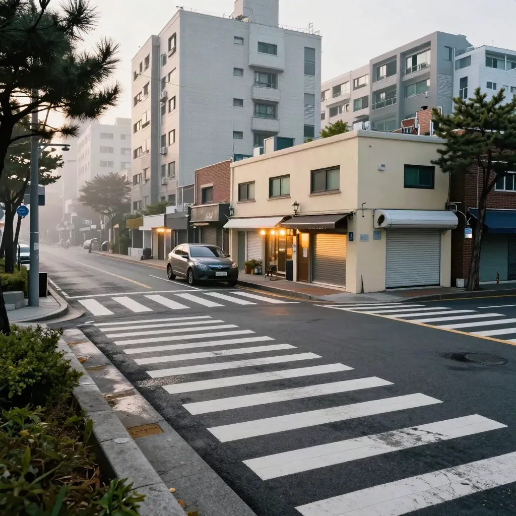 안개 낀 아침, 횡단보도와 저층 상가, 아파트와 공원 가장자가 겹친 동네 풍경