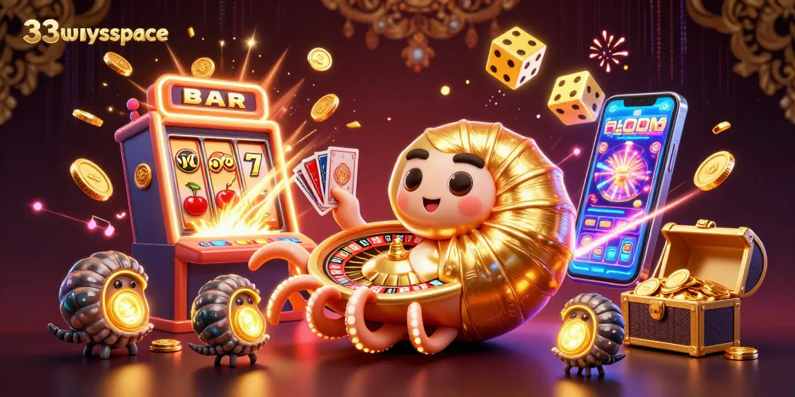 33winspace features a giant nautilus roulette wheel, colorful slots, and golden coins bursting in a vibrant casino scene.