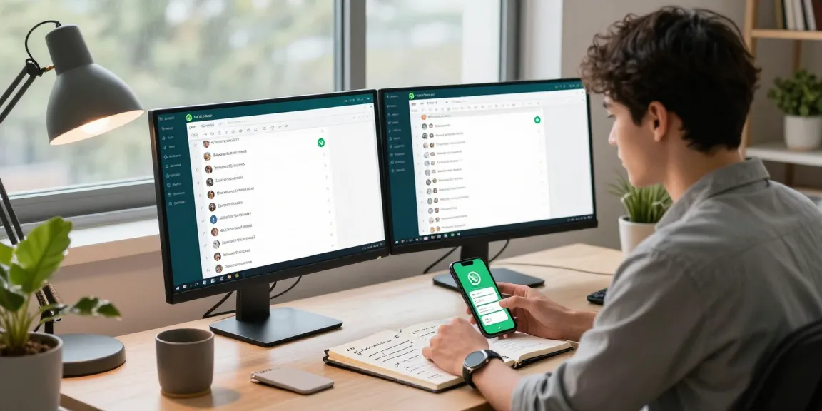 Focused professional using WhatsApp網頁版 on dual monitors in a modern home office setting.