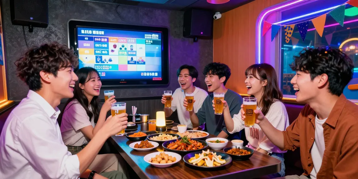 제주유흥에서 친구들과 함께 즐거운 노래방 시간, 화려한 네온조명 속에서의 소중한 순간