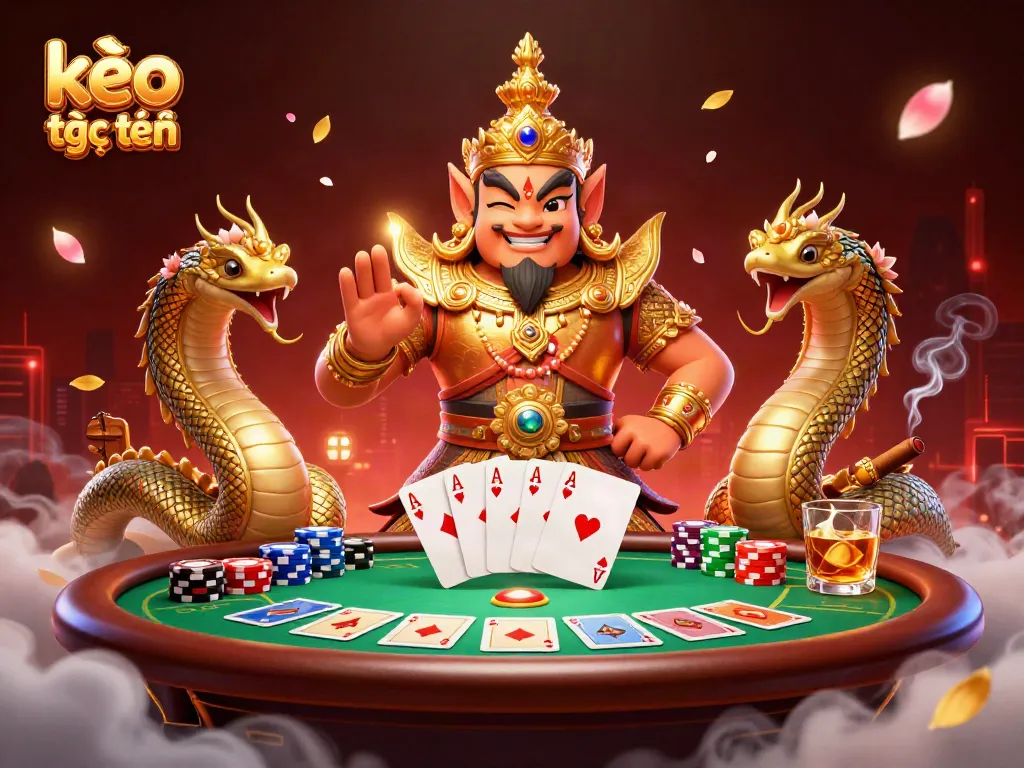 Engage with kèo trực tuyến as a Thai guardian oversees a lavish poker scene filled with chips, cards, and mystical elements.