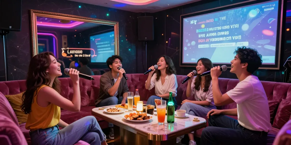 강남가라오케에서 친구들과 노래를 부르며 즐기는 모습과 화려한 조명, 음료가 가득한 테이블을 통해 생동감 넘치는 분위기를 전달합니다.