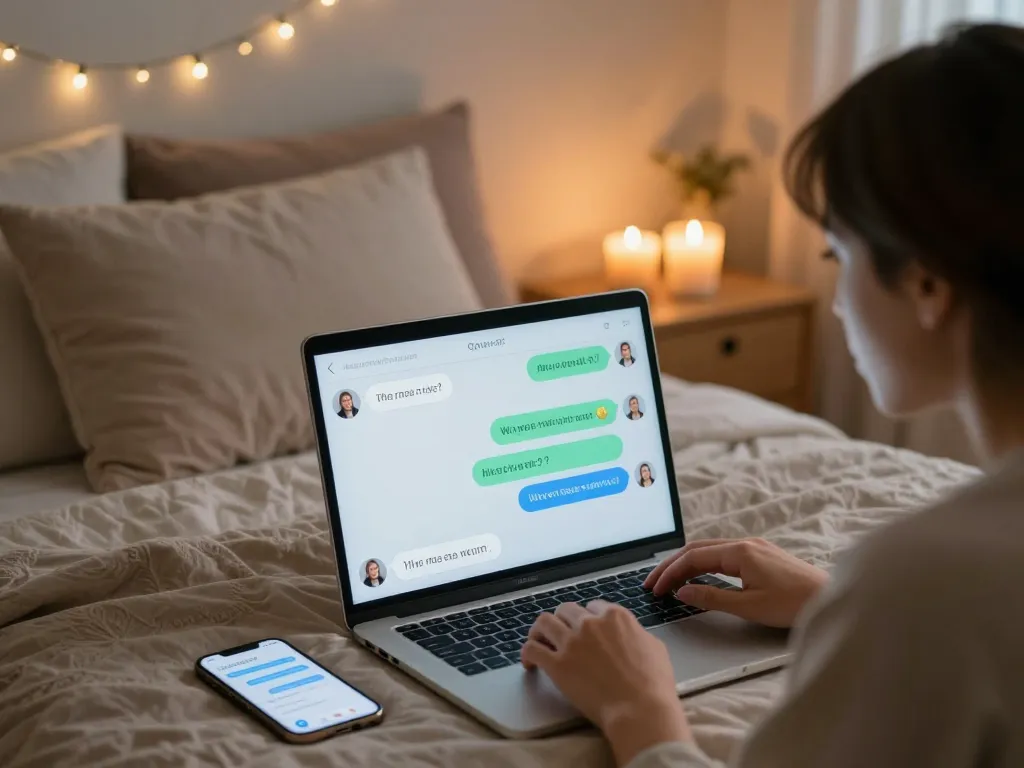 User interacting with an engaging nsfw chat bot on a laptop in a cozy bedroom atmosphere.