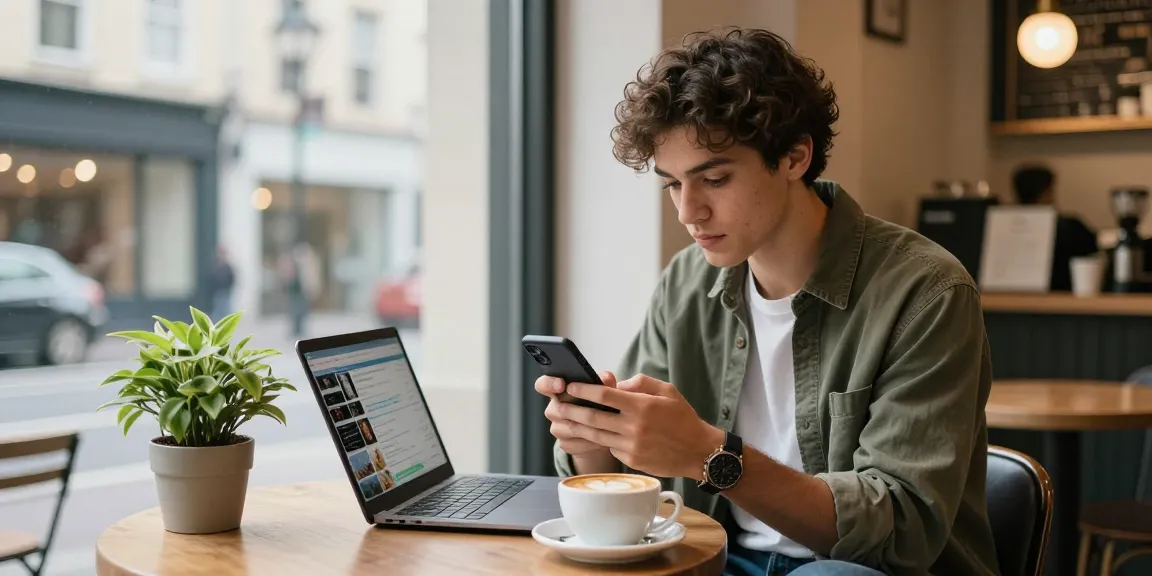 フォロワー購入をチェックする若いインフルエンサーがカフェでスマホを使っているシーン。