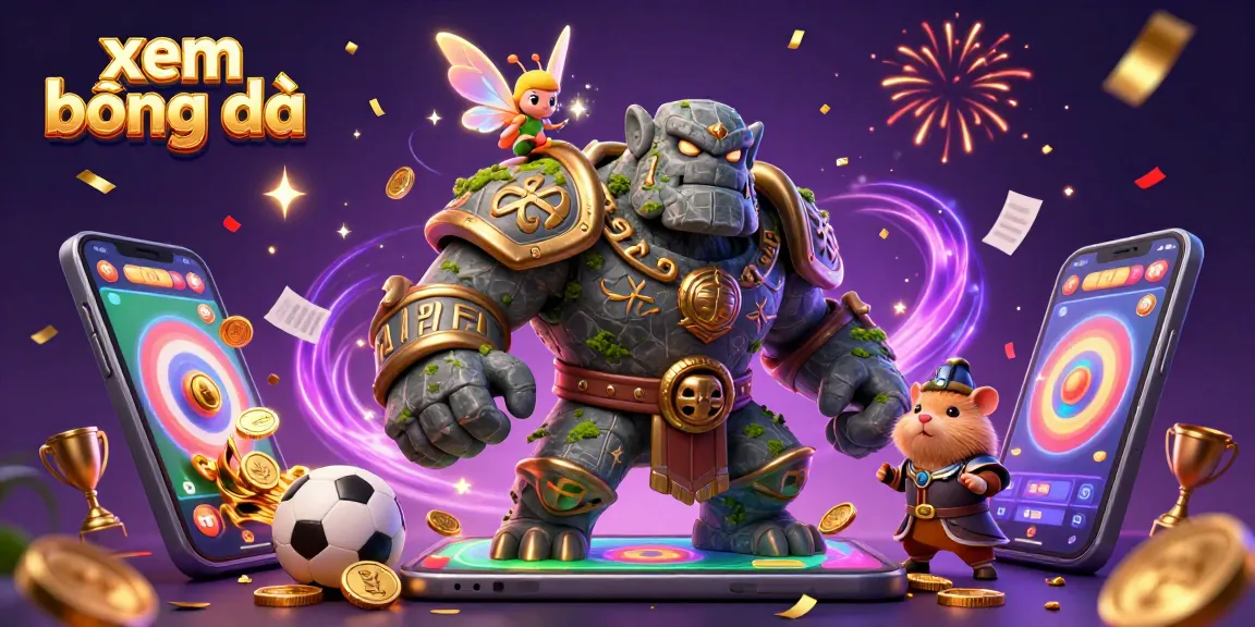 Xem bóng đá with an animated golem guardian, fairy companion, and hamster knight in dynamic sports betting scene.