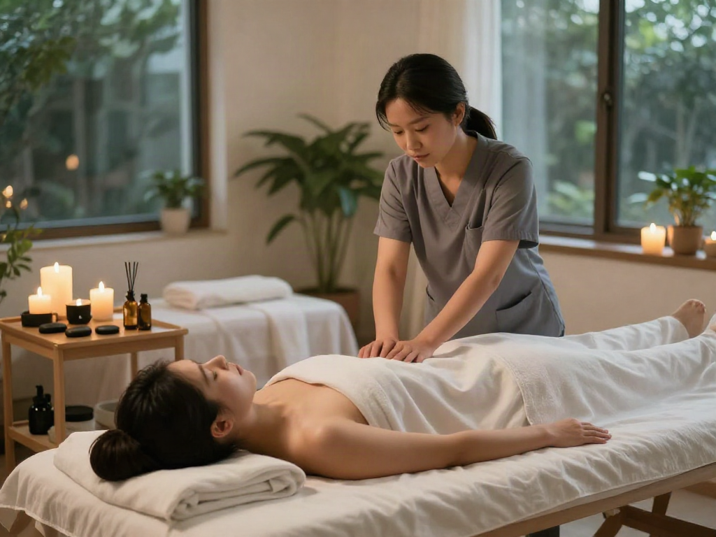 양주출장마사지 session with a therapist in a calming home setting, soft lighting enhancing relaxation.