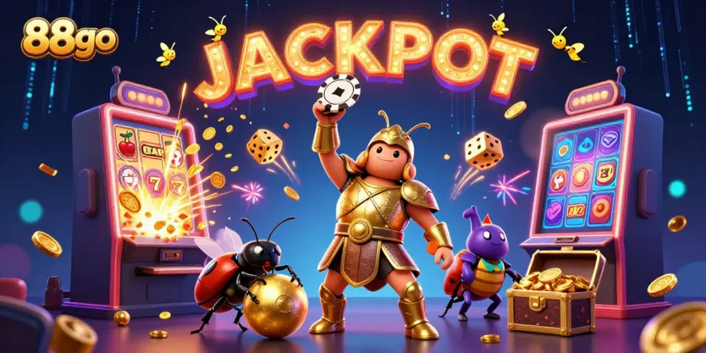 88go features a victorious hercules beetle with poker chip, celebrating a massive jackpot.