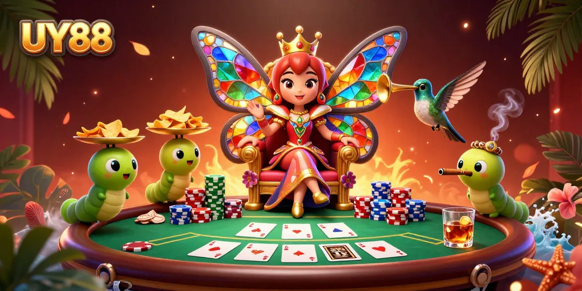 Experience the excitement of UY88 with the butterfly queen and vibrant gambling elements in a lavish setting.