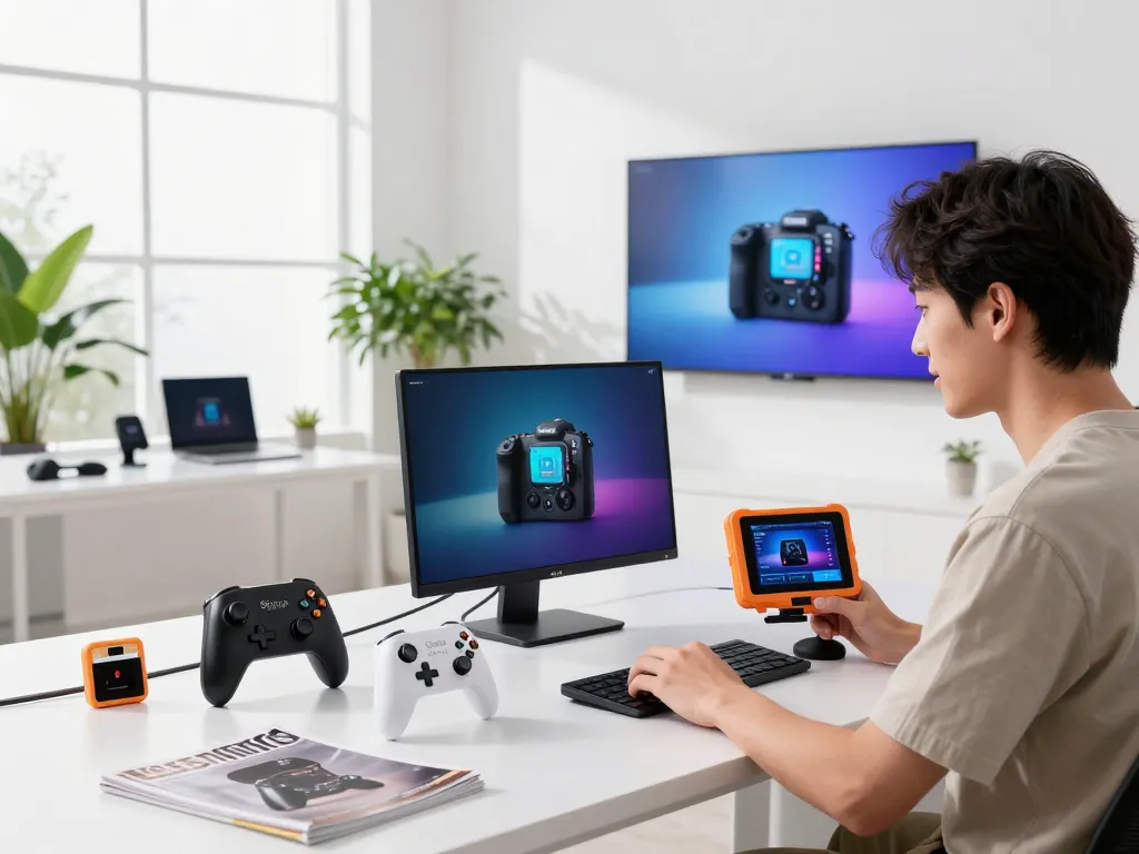 Exploring the latest tech gadgets 2074 in a modern workspace, showcasing innovative devices like 8BitDo controllers and BlueDriver tools.