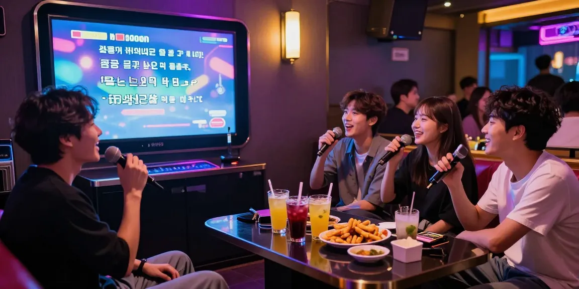 인천쓰리노에서 즐거운 친구들과 노래를 부르는 장면, 활기찬 밤의 분위기.