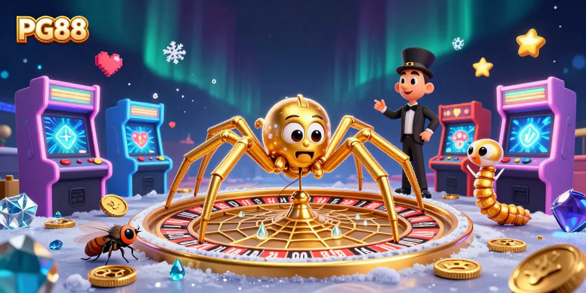 Experience thrilling bets with PG88 as a cartoon spider weaves a roulette wheel in a vivid casino scene.