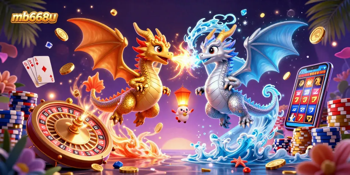 Engaging scene of mb668u featuring twin dragons with fire and ice breaths, surrounded by casino elements.