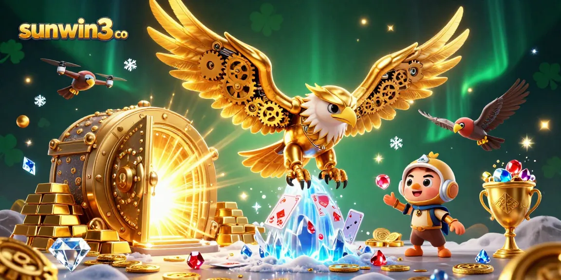 Dive into excitement at sunwin3 co with a golden eagle amidst holographic cards and treasures.