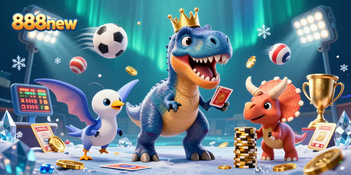 Bet and win with 888new in a vibrant casino scene featuring animated dinosaurs.