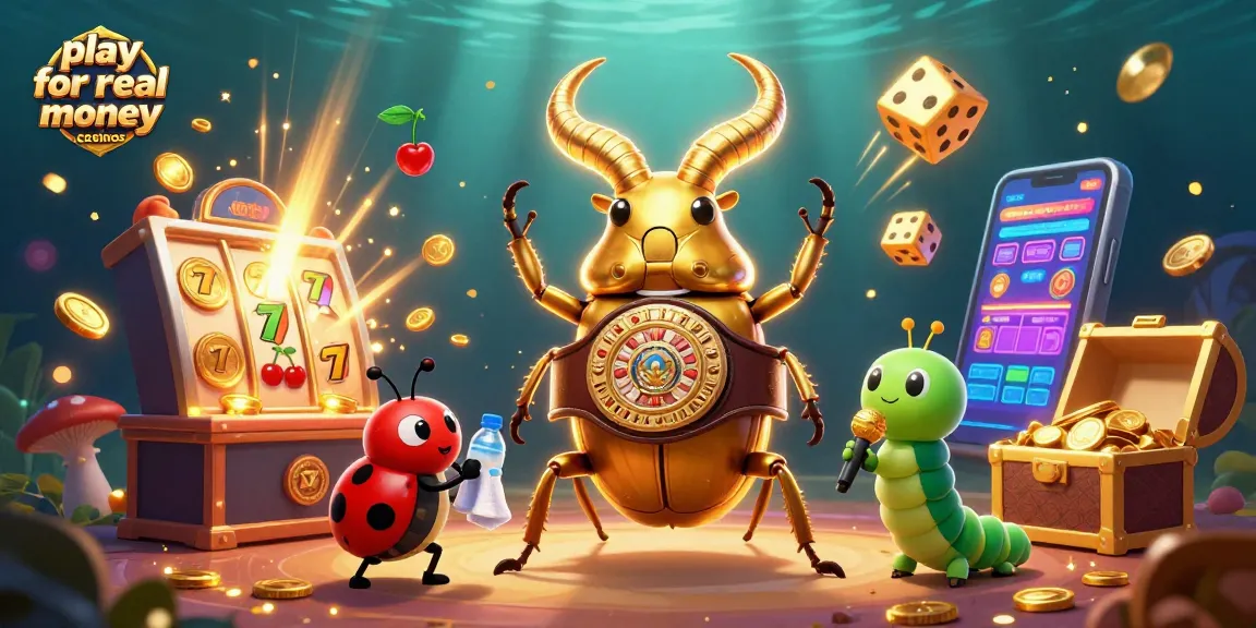 Play for real money casinos in a vibrant scene with a golden stag beetle, ladybug, and caterpillar amidst jackpots and gaming elements.
