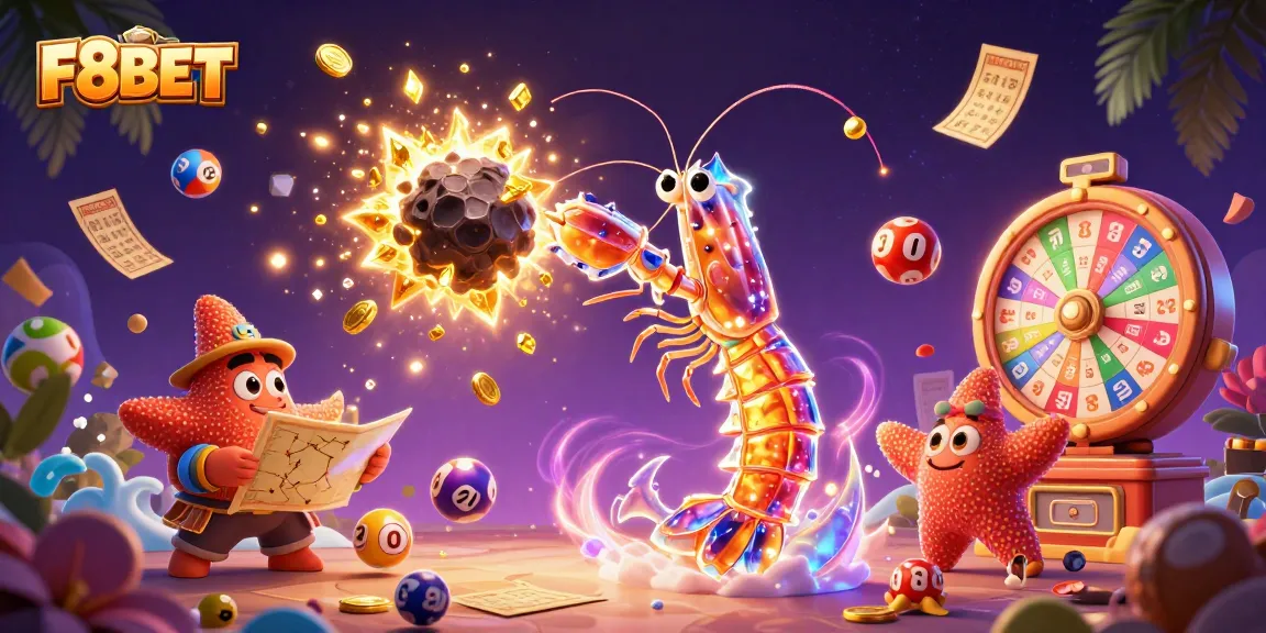 Immerse in F8BET's thrilling world, featuring colorful lottery elements and a galactic mantis shrimp hero.