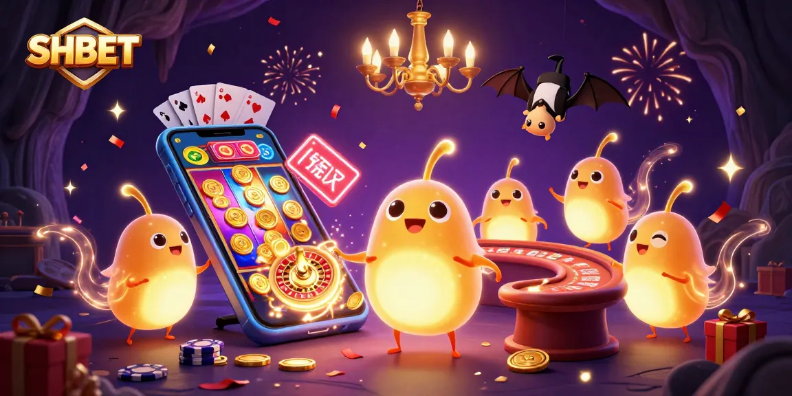 Experience thrilling gaming at SHBET's vibrant, magical cave casino with glowing characters.