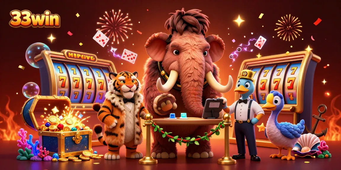Engage in thrilling gaming at 33win with a lively 3D casino scene featuring a woolly mammoth bouncer.