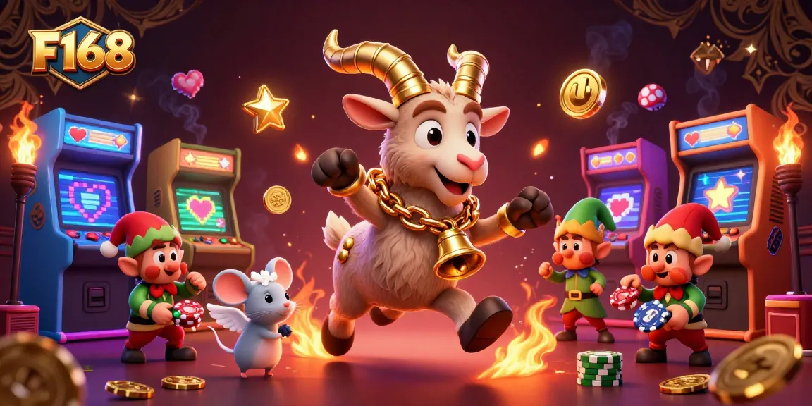 F168 brings excitement as a Krampus goat runs a spooky casino, surrounded by vibrant game machines and elf gremlins.